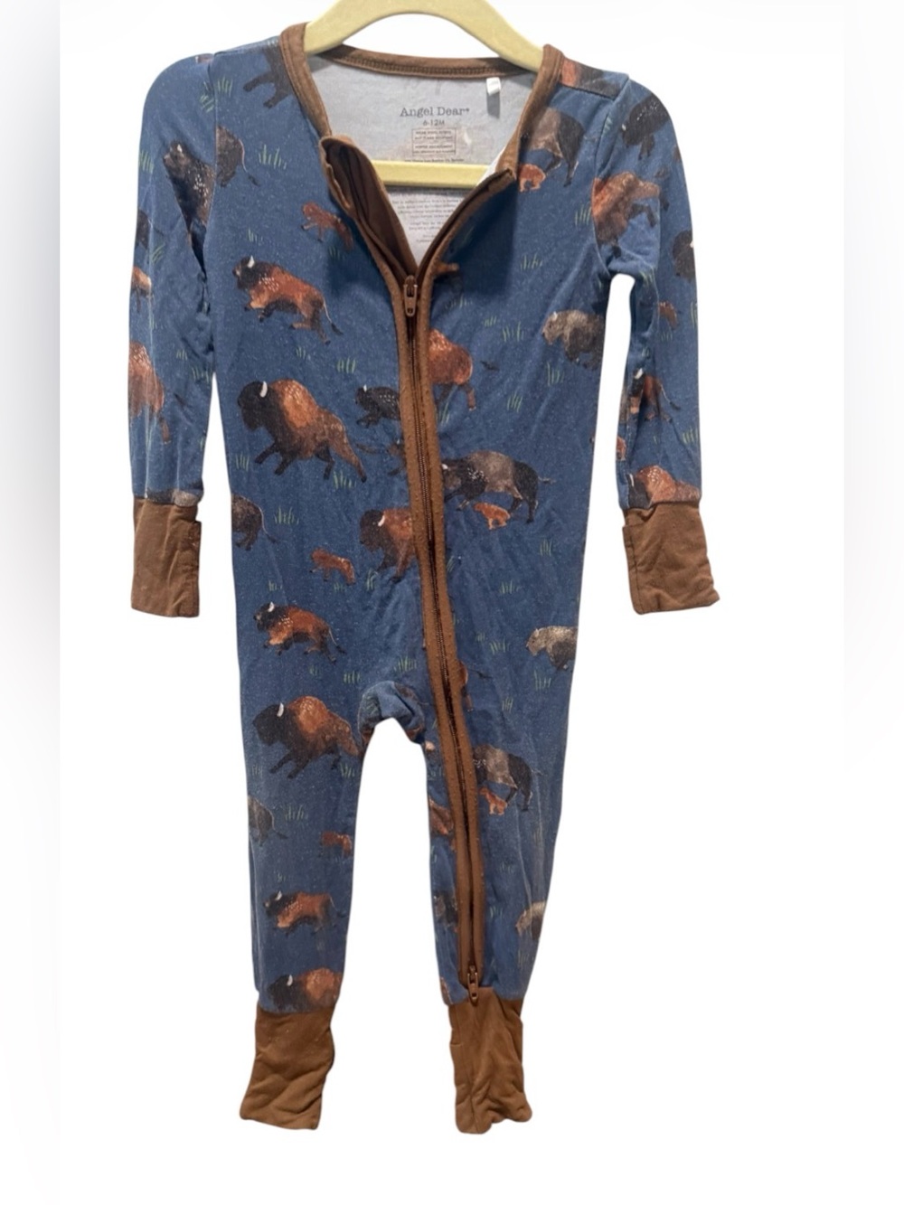 Angel Dear Blue Buffalo Print Zip-Front Footie with Brown Trim